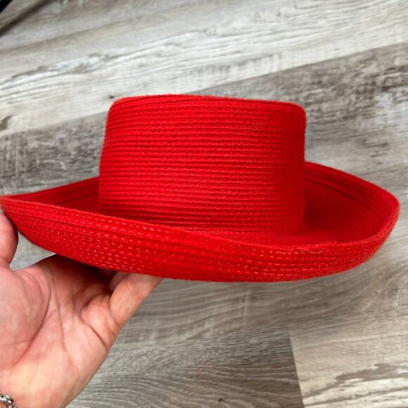 Vintage Red Structured Boater Hat Wide Brim Acrylic Statement Accessory Bold - Picture 3 of 7